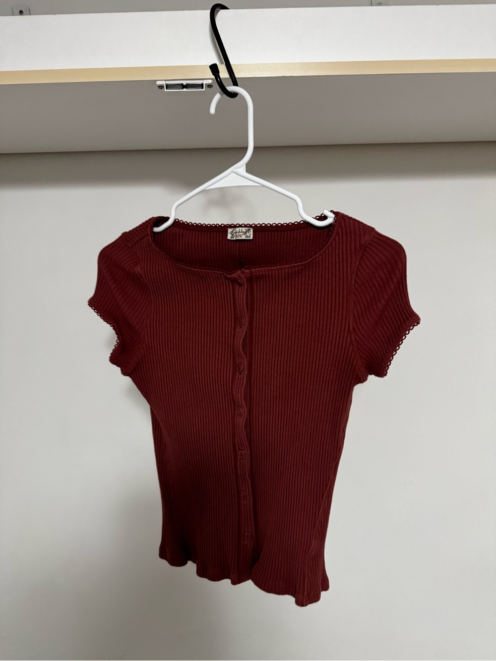 Free People Short-Sleeve Ribbed Button-Front Top in Wine